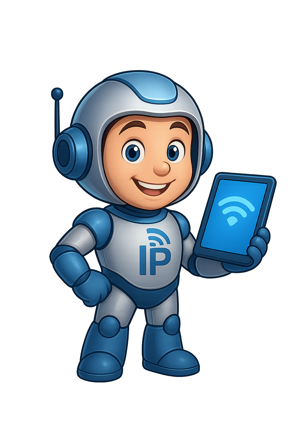 Mascote da IPvFull segurando um computador
